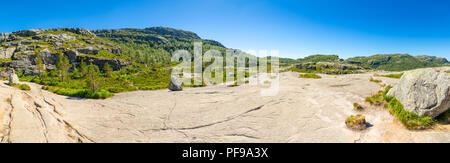 Panorama of Hiking footpath to the Preikestolen and Lysefjord area, Norway Stock Photo