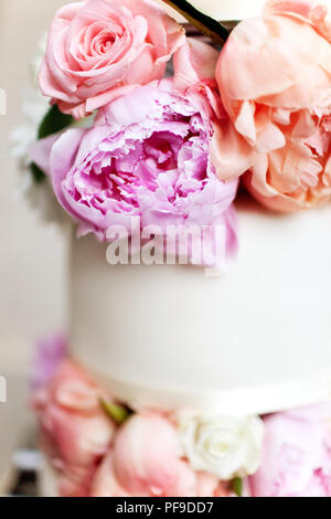 Close up of modern white wedding cake with pink and apricot peonies peony decoration Stock Photo