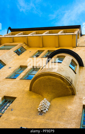 Finland architecture Helsinki, detail of the colorful exterior of an Art Nouveau styled apartment building in Kasamitori in the center of Helsinki. Stock Photo