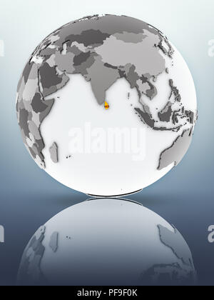 Sri Lanka with flag on globe reflecting on surface. 3D illustration. Stock Photo