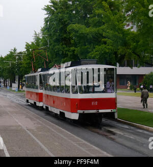 School children going home on the Pyongyang motorised tram trolley bus Stock Photo