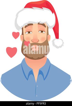 Businessman in Santa Claus hat. Man in love. Kiss for you. Face of man with beard Stock Vector