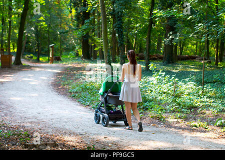 Back view of the girl walking with the stroller, young mother on the forest pathway pram walking in the city park, mom outside with the baby for walk Stock Photo