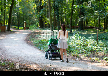 Nature walk with stroller, back view of young female in beautiful dress walking on the pathway with her baby in the pram Stock Photo