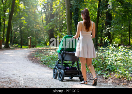 Back view of attractive women walking with stroller in the natural forrest walkway, young mother is outside with her newborn baby for pram walk Stock Photo
