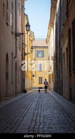 One man and his dog, walking through the sunny cobbled city streets of Piacenza, Italy, Europe. Stock Photo