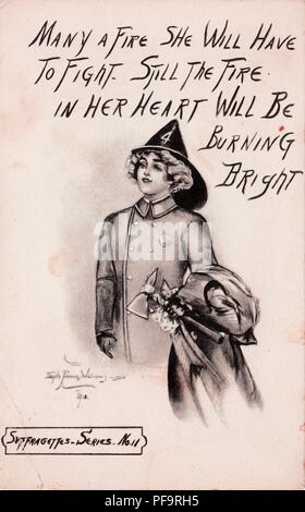 Black and white postcard, depicting a woman dressed as a fireman holding a pickaxe, captioned 'Many a fire she will have to fight, but still the fire in her heart will be burning bright, ' referencing the possibility of post-suffrage gender role reversal, number eleven in the New York Suffragettes Series, illustrated by Edith Parsons Williams, and published by C Wolf for the American market, 1912. () Stock Photo