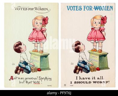 Two color postcards, with the same design, showing both a pro and anti-suffrage message, each with a small girl on a pedestal and a small boy kneeling in front of her, part of a twelve-card set by the artist Bernhardt Wall, published for the American market, 1900. () Stock Photo