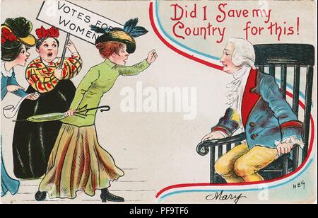 Color, Anti-suffrage postcard, depicting suffragists haranguing a seated George Washington, with a caption reading 'Did I Save my Country for this', 1915. () Stock Photo