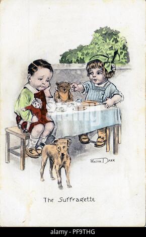Color, anti-suffrage card, showing a small girl forcing a small boy to attend her tea party, and captioned 'The Suffragette, ' thus suggesting that men will be forced to accept female authority once the women have the right to vote, illustrated by Walter Darr, and published for the American market, 1900. () Stock Photo