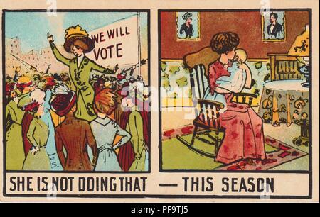 Color, anti-suffrage card, with a diptych, showing a woman protesting for suffrage on the left, and at home seated in a rocking chair while holding a baby on the right, and the caption 'She is not doing that this season, ' suggesting that suffrage is a passing fad that women indulge in until their maternal hormones take over, published for the American market, 1900. () Stock Photo