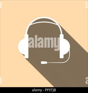 Earphones with microphone with long shadow on pink background Stock Vector