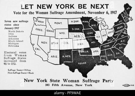 Black and white card, depicting a political map of the United States of America, showing which states have passed suffrage, and captioned 'Let New York Be Next, ' encouraging voters to pass the women's suffrage amendment on the 1917 ballot, issued in 1917, by the New York State Woman Suffrage Party, for the American market, 1917. () Stock Photo