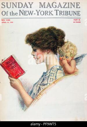 Color magazine cover, depicting an apprehensive Cupid, fearing that he has lost his influence over a young suffragette who is more interested in the ballot than in love, illustrated by John Rae, and published for the American market by the Sunday Magazine of the New York Times, dated April 21, 1912, April 21, 1912. () Stock Photo