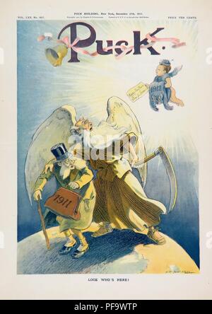 Color magazine cover, depicting 1911 as an old man, being ushered out by Father Time, while 1912 flies in from the upper right, in the guise of a baby suffragette, holding a paper reading 'Happy New Year, Votes for Women, ' captioned 'Look who's here!' published for the American market by Puck Magazine, a satirical weekly founded by German-American Joseph Kepler, December 27, 1911. () Stock Photo