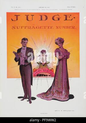 Color magazine cover, depicting a man and a woman, both wearing formal, Edwardian clothing, looking over their shoulders' at each other, with cupid in the background pushing a button, titled 'Suffragette Number, ' illustrated by cartoonist Grant E Hamilton, and published by Judge Magazine, for the American market, January 29, 1910. () Stock Photo