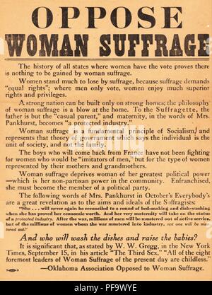 Anti-suffrage poster or broadside, issued by the Oklahoma Association Opposed to Woman Suffrage, and published for the American market, circa 1918. () Stock Photo