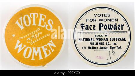 Two images of a round face powder container, labeled Votes for Women,  in yellow on a white ground, with black text identifying the product as 'Votes for Women Face Powder, ' produced in New York, and sold by the National Woman Suffrage Publishing Company, for the American market, 1915. Photography by Emilia van Beugen. () Stock Photo