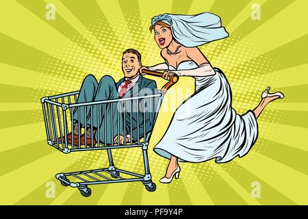 pop art Bride and groom in a shopping trolley Stock Vector