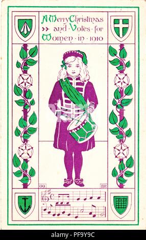 Christmas card, designed by Bertha Ryland of the English Women's Social and Political Union, features a little drummer girl, reminiscent of the WSPU band that announced the famous suffrage exhibition at the Prince's Skating Rink, United Kingdom, 1910. () Stock Photo