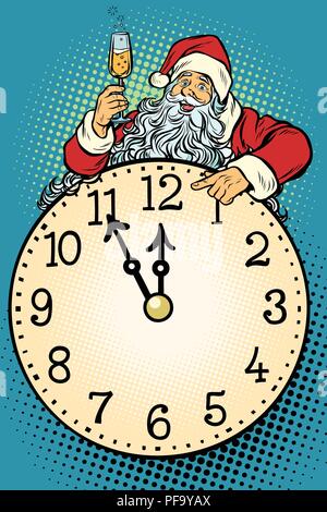 pop art Santa Claus, Christmas time. Champagne celebration at mi Stock Vector