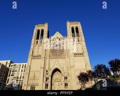 Facade of Grace Cathedral on Nob Hill in San Francisco, California at dawn, April 21, 2018. () Stock Photo