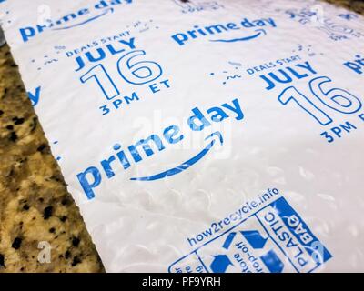 Close-up of Amazon Prime package advertising the Prime Day 2018 promotion, on a granite surface, San Ramon, California, July 13, 2018. () Stock Photo