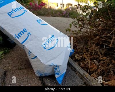 Close-up of Amazon Prime package outdoors in an office park on Alameda Island, Alameda, California, July 9, 2018. () Stock Photo