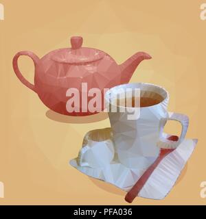 low poly triangulated style red teapot and white cup of tea on yellow background Stock Vector