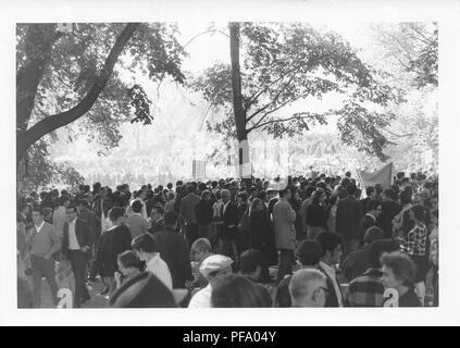 Black and white photograph, shot from a high angle, showing a large crowd of people, gathered in a park-like setting, to protest the Vietnam War, photographed in Washington DC, United States, 1969. () Stock Photo