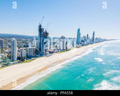 An aerial view of the beach on a clear day on the Gold Coast
