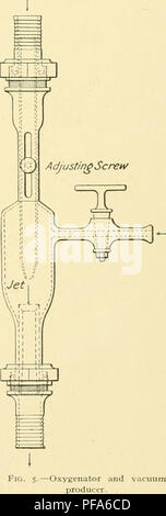 . Devices for use in fish hatcheries and aquaria. Fish culture; Aquariums. [from old catalog]. DEVICES FOR USE IN FISH HATCHERIES AND AQUARIA. 1033 and the siphon therefore is not feasible, the handle is removed from the cleaning apparatus and a pump attached. A small suction pump, such as used in gardens, is very suitable. If for any cause convenient, the apparatus may be left in the pond, for with the valve closed the suction can not act. OXYGENATION AND VACUUM-PRODUCING APPARATUS. This apparatus is in effect a section which may be introduced into a supply pipe, and consists of an exhaust ch Stock Photo