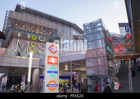 Westfield,shopping,Stratford,DLR,Docklands Light Railway,train,station,concourse,London,England,transport,hub,transportation,art for everyone,project, Stock Photo