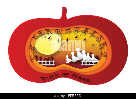 Happy Halloween of Ghosts Going to Party in Full Moon Night. Trendy Origami Deep Paper Art Carving Style Stock Vector