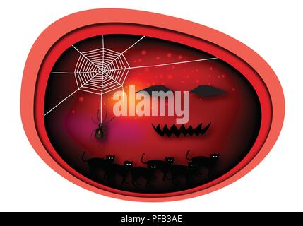 Happy Halloween of Evil Cats and Spider on A Darkness Night in Trendy Origami Deep Paper Art Carving Style Stock Vector