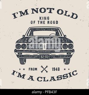 70 Birthday Anniversary Gift brochure. I m not Old I m a Classic, King of the Road words with classic car. Born in 1948. Distressed retro style poster, tee. Stock vector isolated on white background Stock Vector