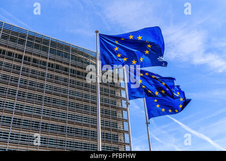 Brussels, Belgium - August 11, 2018: Flags of the European Union in front of the Berlaymont building in Brussels. Stock Photo