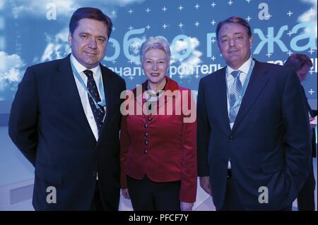 Russia. 21st Aug, 2018. Sergei Ivanovich Shmatk (left) Russian Minister of Energy, Maria van der Hoeven, Minister of Foreign Affairs, Minister of Economic Affairs, Netherlands (center) and Marcel P. Kramer, Chairman of the Executive Board and CEO of N.V. Nederlandse Gasunie (right) at Nord Stream's start of construction celebration in Portovaya Bay, Russia. Credit: Nord Stream Ag/Russian Look/ZUMA Wire/Alamy Live News Stock Photo