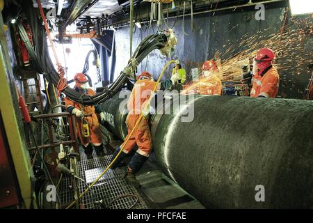 Russia. 21st Aug, 2018. Before being laid on the seabed the pipes are welded on to the main pipeline on the pipelay vessel. Credit: Nord Stream Ag/Russian Look/ZUMA Wire/Alamy Live News Stock Photo