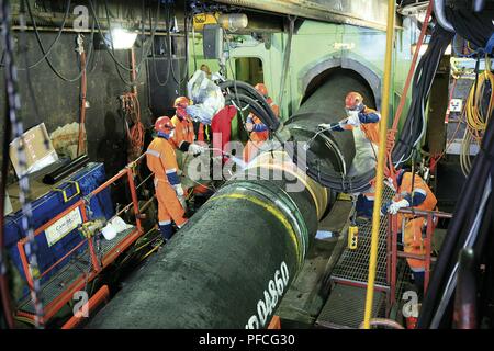 Russia. 21st Aug, 2018. Before being laid on the seabed the pipes are welded and sealed on the pipelay vessel. Credit: Nord Stream Ag/Russian Look/ZUMA Wire/Alamy Live News Stock Photo