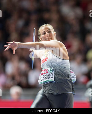 Berlin, Deutschland. 10th Aug, 2018. Winner Christin HUSSONG, Germany, 1st place action. Women's final javelin throw, on 10.08.2018 European Athletics Championships 2018 in Berlin/Germany from 06.08. - 12.08.2018. | usage worldwide Credit: dpa/Alamy Live News Stock Photo