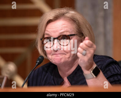 Washington, United States Of America. 21st Aug, 2018. United States Senator Claire McCaskill (Democrat of Missouri), ranking member, US Senate Committee on Homeland Security & Governmental Affairs, makes an opening statement prior to hearing testimony on 'Examining CMS's Efforts to Fight Medicaid Fraud and Overpayments' on Capitol Hill in Washington, DC on Tuesday, August 21, 2018. Credit: Ron Sachs/CNP | usage worldwide Credit: dpa/Alamy Live News Stock Photo