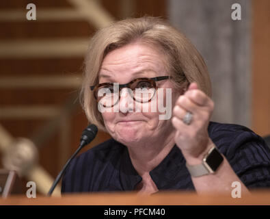 Washington, District of Columbia, USA. 21st Aug, 2018. United States Senator Claire McCaskill (Democrat of Missouri), ranking member, US Senate Committee on Homeland Security & Governmental Affairs, makes an opening statement prior to hearing testimony on ''Examining CMS's Efforts to Fight Medicaid Fraud and Overpayments'' on Capitol Hill in Washington, DC on Tuesday, August 21, 2018 Credit: Ron Sachs/CNP/ZUMA Wire/Alamy Live News Stock Photo