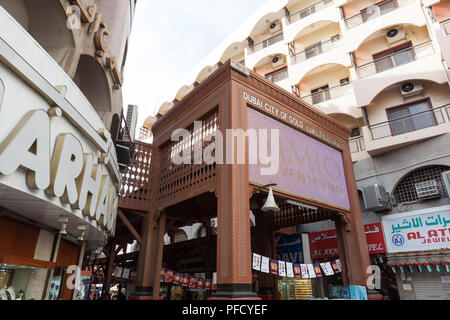 Entrance to the Gold Souk in Deira in Dubai, United Arab Emirates. The traditional souk is one of the most popular shopping destinations in Dubai. Stock Photo