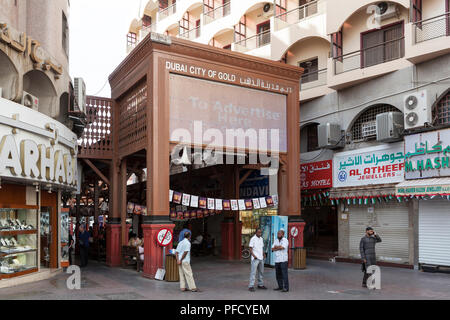 Entrance to the Gold Souk in Deira in Dubai, United Arab Emirates. The traditional souk is one of the most popular shopping destinations in Dubai. Stock Photo