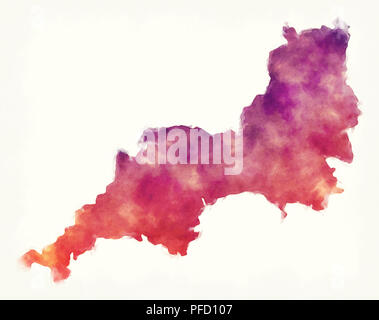 South West England UK watercolor map in front of a white background Stock Photo