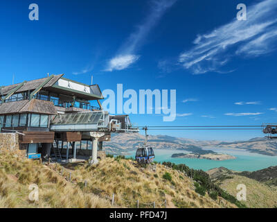 Aerial view of the Christchurch Gondola and the Lyttelton port from Port Hills in New Zealand. Stock Photo