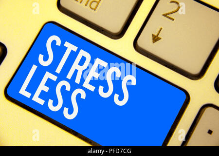 Text sign showing Stress Less. Conceptual photo Stay away from problems Go out Unwind Meditate Indulge Oneself Keyboard blue key Intention create comp Stock Photo