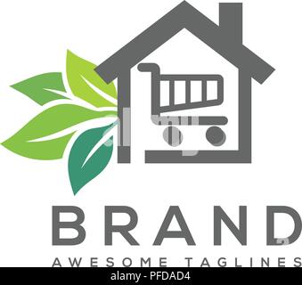 green house shopping finance logo, Real estate vector logo, Home with shopping trolley and leaf symbol, realty building logo Stock Vector