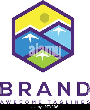 simple Flat vector colored logo of mountain. Hexagon badge simple mountain , trend unique mountain logo Stock Vector